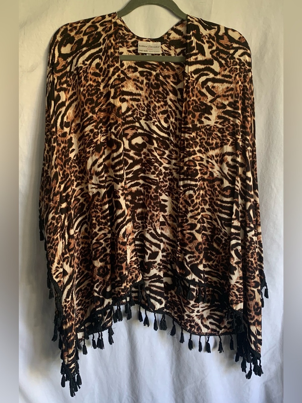 Bobbie Brooks Animal Print Open Front Dolman/Natwing Cover-up in Brown and Black